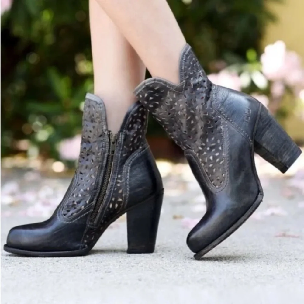 Bed Stu Irma Boots Women’s Graphite Leather Laser Cut Heeled Booties NWT Size 10